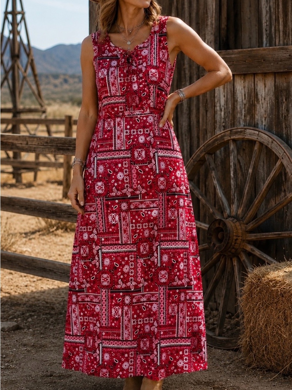 Christopher & Banks Red Bandana Paisley Stretch Midi Dress Sleeveless Size S